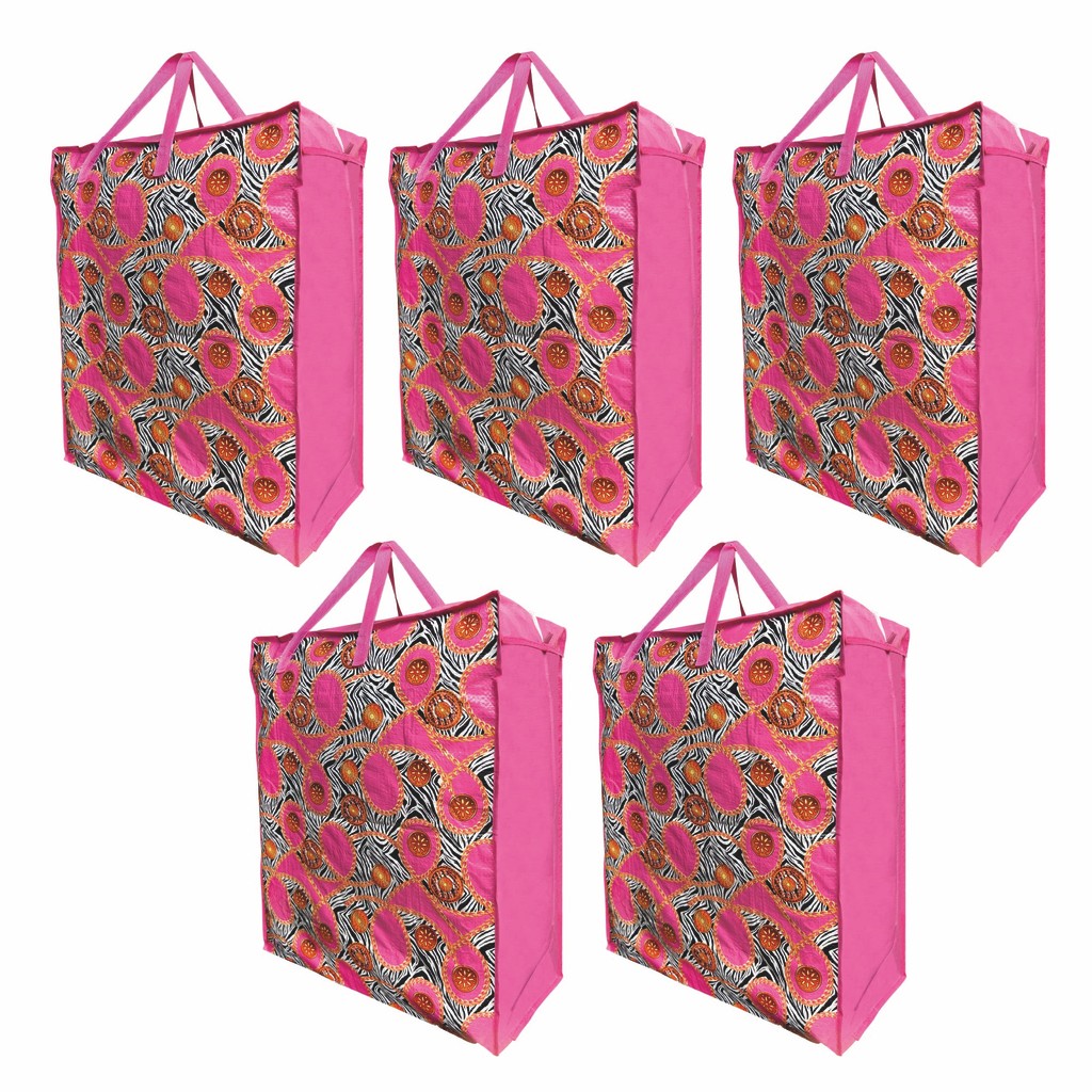 Kit com 5 Sacolas Bolsa Nylon Feira 55cm x 65cm Sacoleira Mudança com Zíper