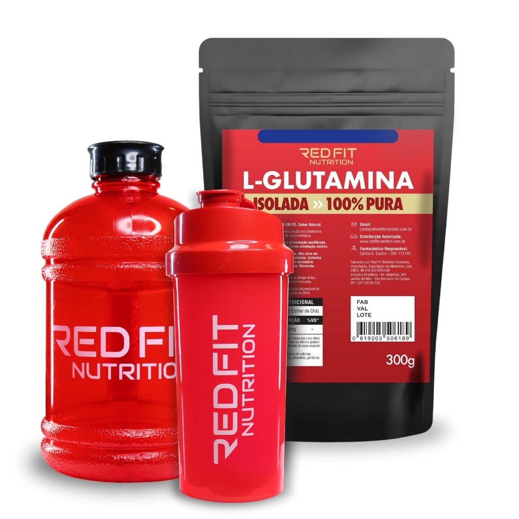L-Glutamina 300g Shaker Red 600ml Gallon Red 1,8L - 100% Pura Matéria-Prima Importada - Red Fit Nutrition