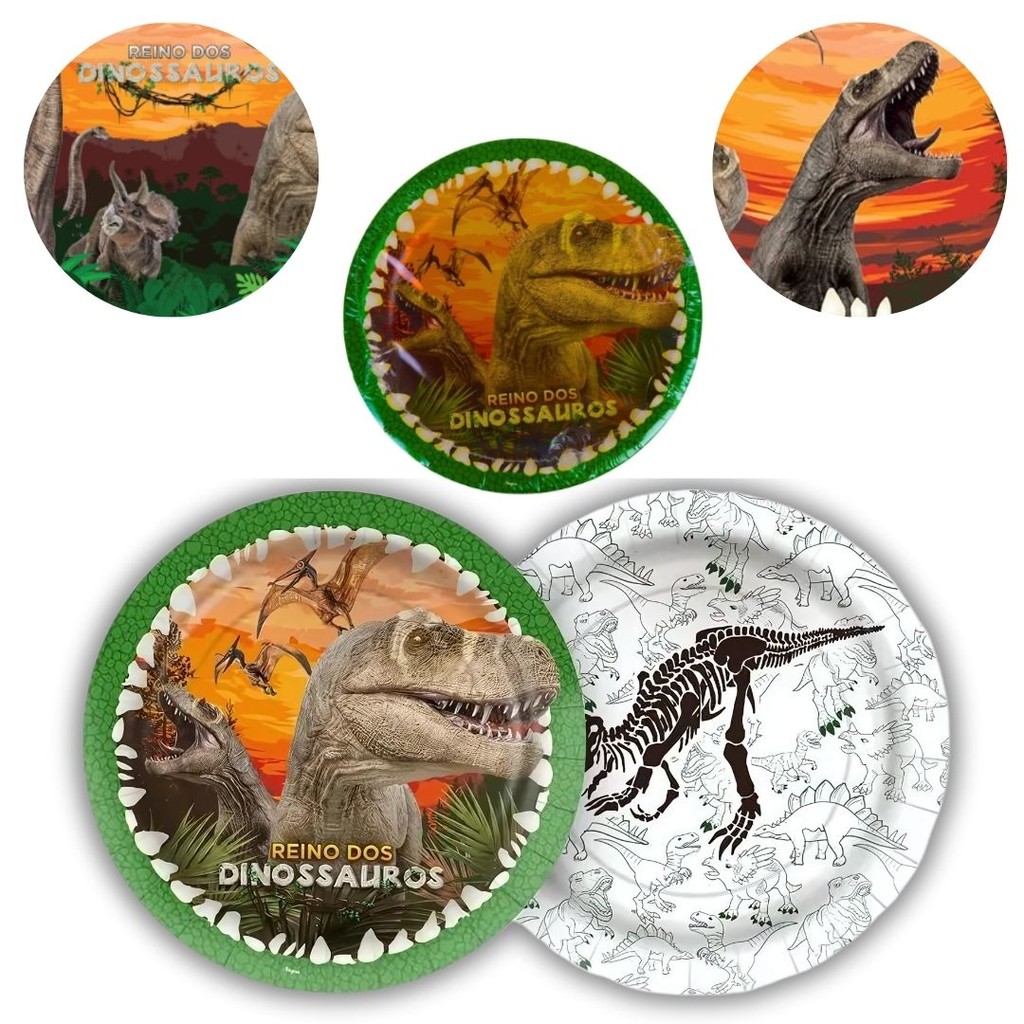8 PRATO BOLO FESTA  DINOSSAURO  DE PAPEL 18 CM REGINA