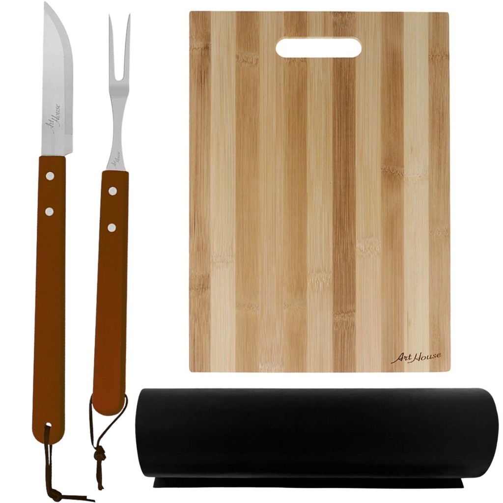 Kit Churrasco Garfo e Faca Cabo Madeira Longo com Tábua de Corte Bambu e Manta Esteira Teflon Antiaderente Grill