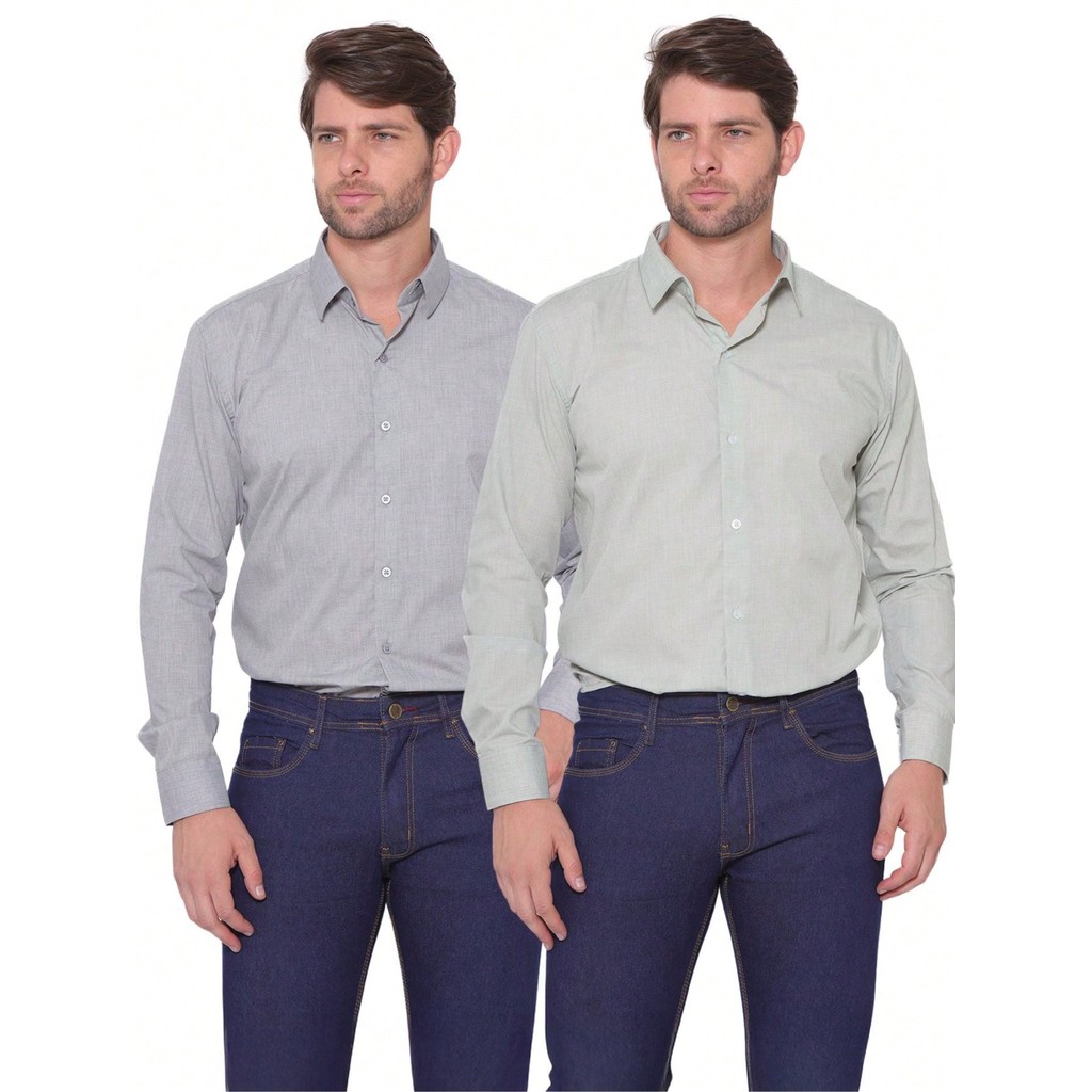 KIT Masculino 2 Peças - Camisa Social Masculina Premium Tipo Linho Oliva e Camisa Social Premium Tipo Linho Smoke