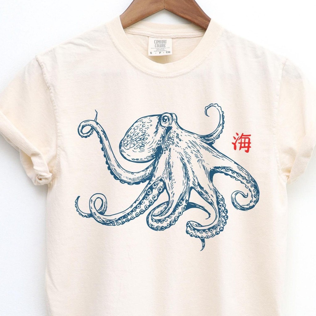 Camiseta Unissex polvo japonesa, camiseta estética de pescador japonês, gráfica retrô, frutos do mar, oceano e mar