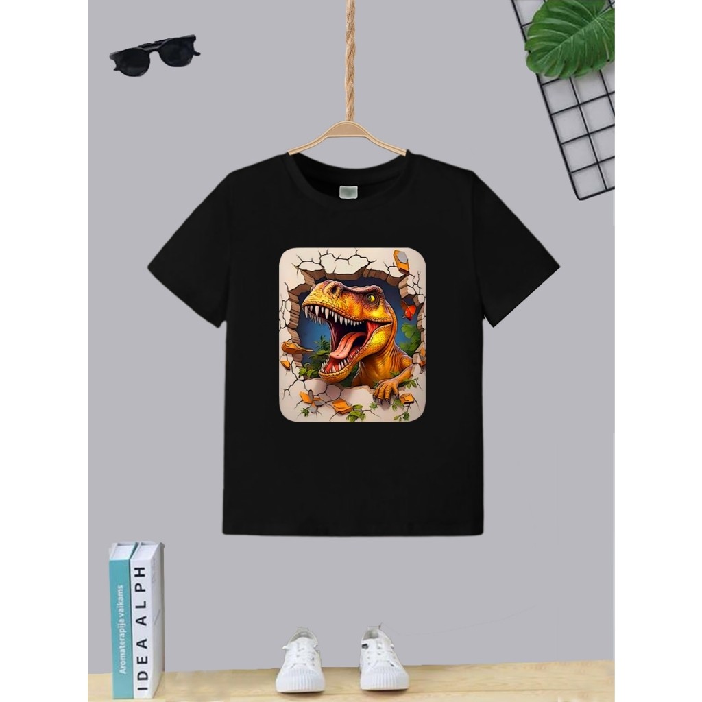 Camiseta Infantil Juvenil Teen Menino Estampa Dinossauro 3D Fundo T-shirt Masculina Moda Algodão Gola Redonda