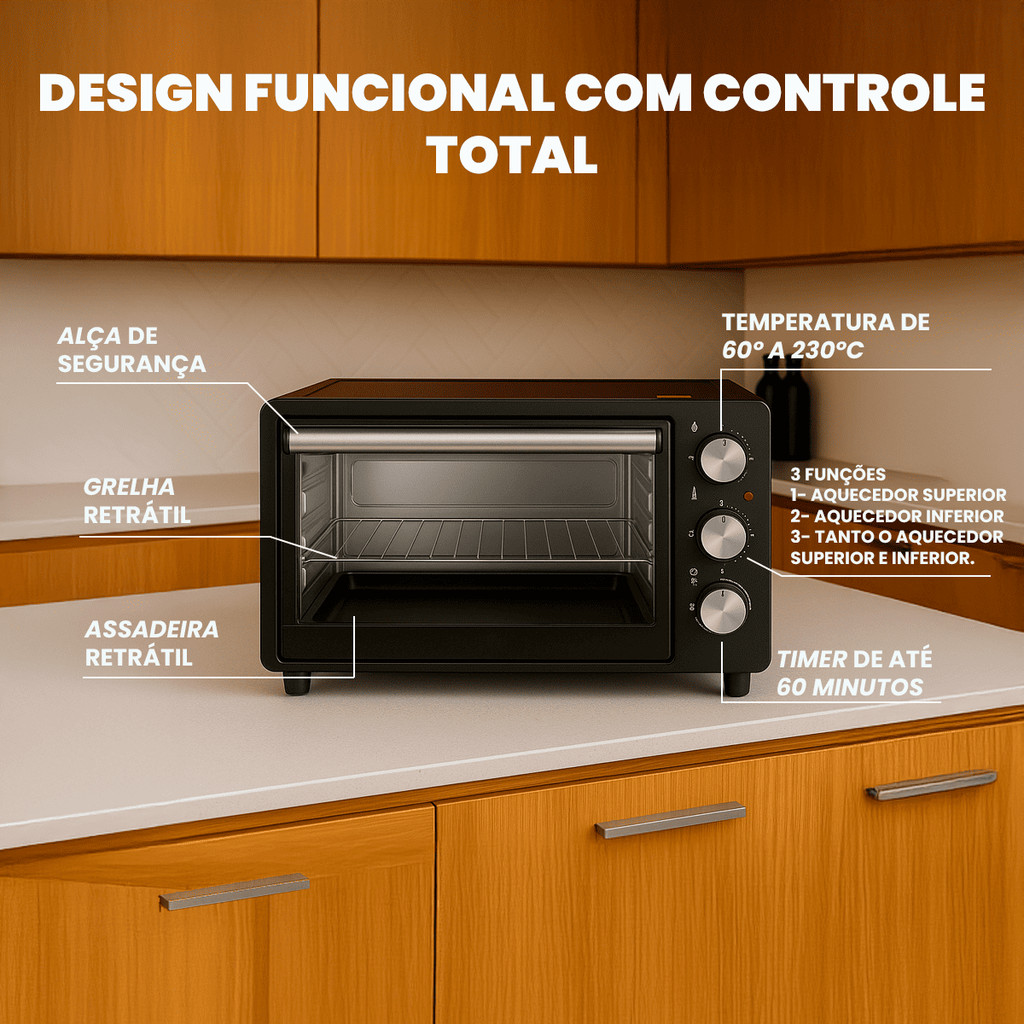 Forno de Mesa 1400W Compacto com Temporizador e Termostato Ajustável 21 Litros