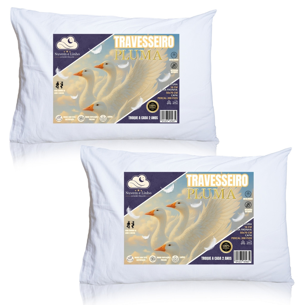 Kit 2 Travesseiro toque Pluma de Ganso Capa Percal 400 fios Antiacaro 70x50 cm