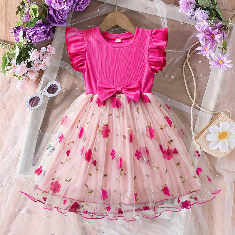 WFRV Crianças Meninas Vestido 3-8 Doce Verão Lazer Férias Em Torno Do Pescoço Sem Mangas Bowknot Bordado Flor Bebê Menin em Oferta na Shopee