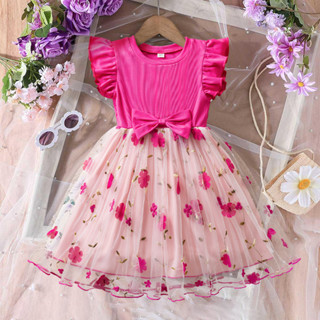 WFRV Crianças Meninas Vestido 3-8 Doce Verão Lazer Férias Em Torno Do Pescoço Sem Mangas Bowknot Bordado Flor Bebê Menin em Oferta na Shopee