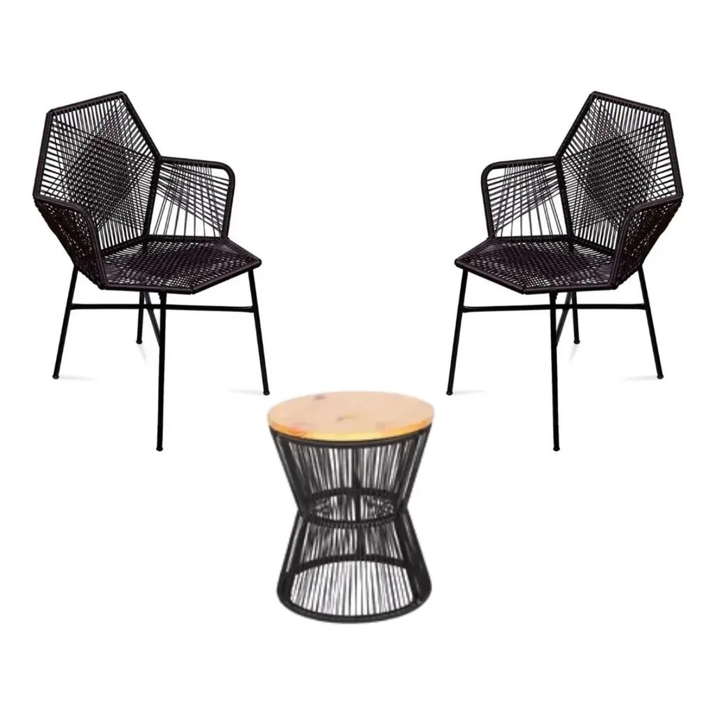Kit 2 Cadeiras Tropicalia + Mesa Ampulheta Preto – Fibra Sintética para Varanda Jardim Área Externa