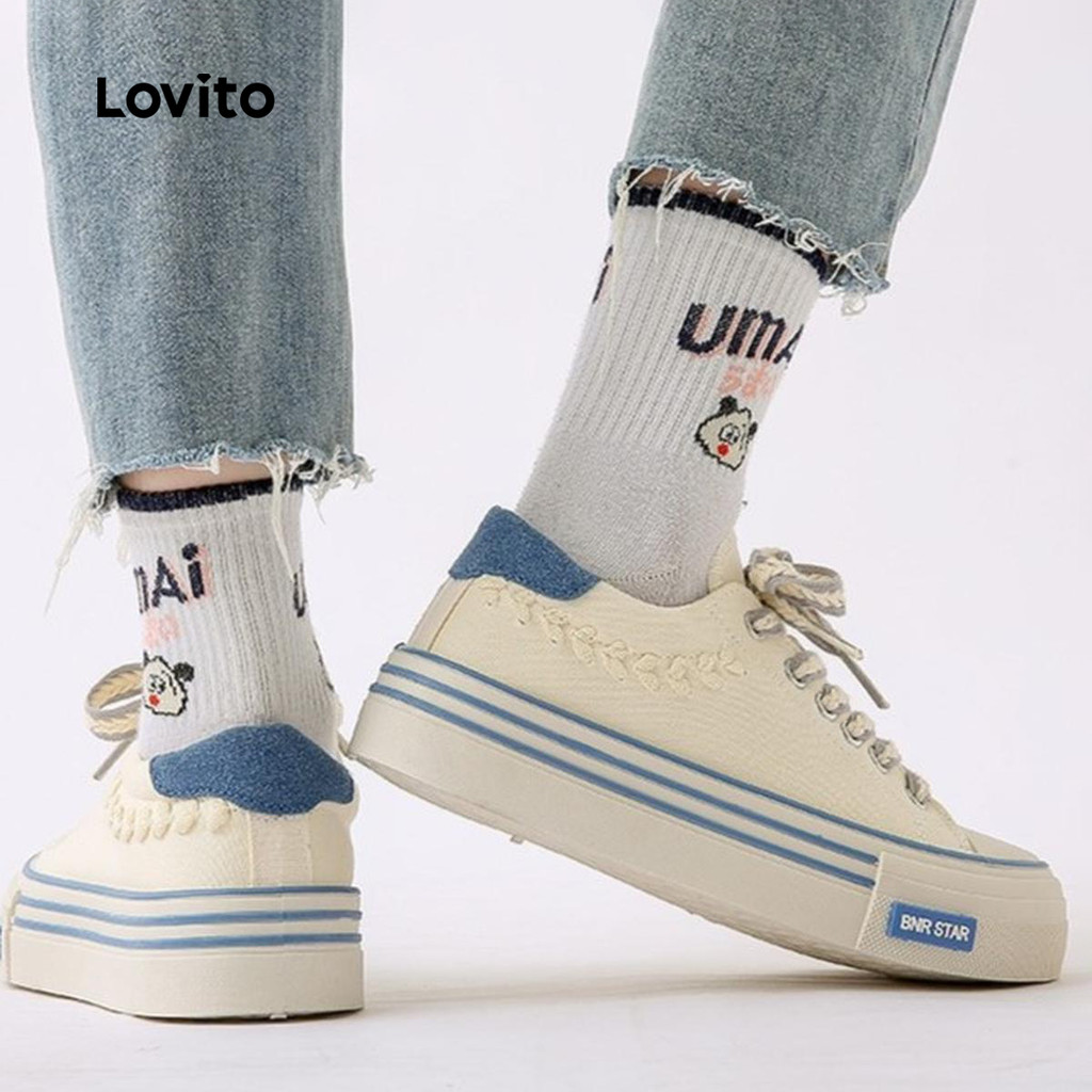 Detalhes do (Trendy) Lovito Tênis de lona grossa com cadarço liso e bloco de cores respirável e sola macia para mulheres LFA49131
