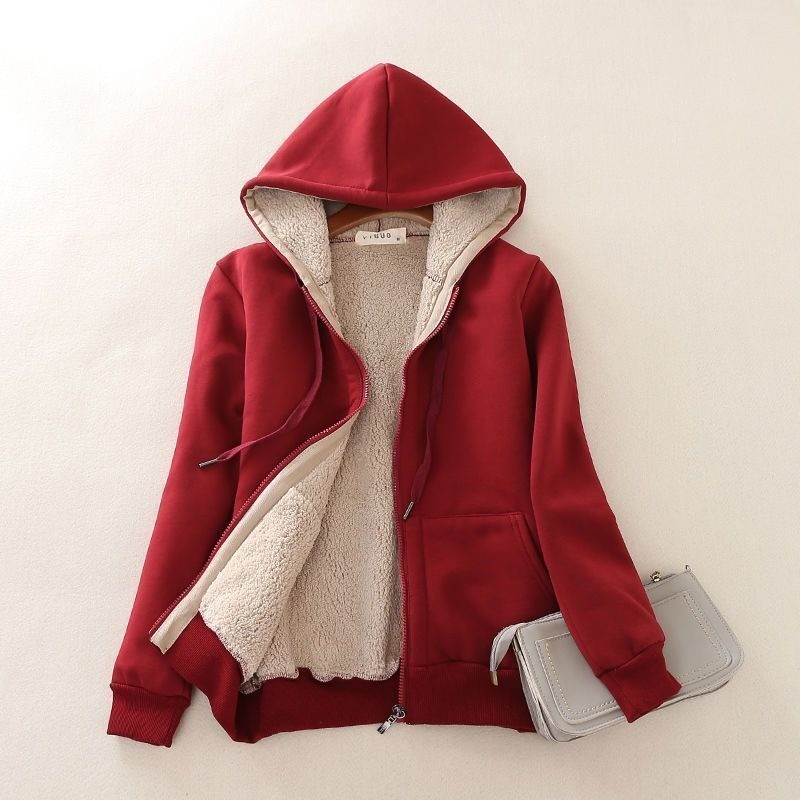 Mulheres Grossas Cordeiros Jaqueta Inverno Zíper Adicionado Velo Solto Quente Cardigan Casaco Feminino Moletom Com Capuz