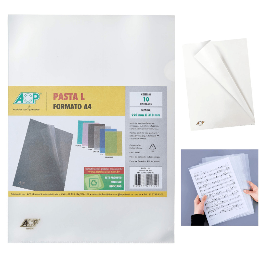 Pasta L Plástica Transparente A4 Ideal para Organização 10 Unidade