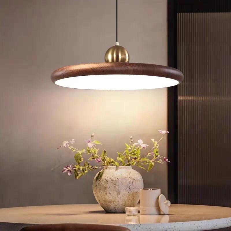 Lampu Gantung Ufo Lustre Sala Jantar Led Com Textura De Madeira De Nogueira Luminária Pendente Bar/ilha De Cozinha/café