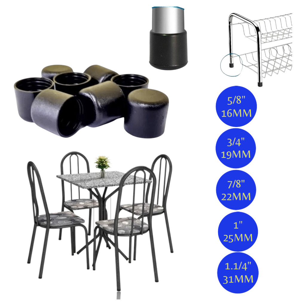 Kit de 36 Ponteiras Protetores Cadeiras Banquetas e Tubo de 5/8 3/4 7/8 1pol 1.1/4