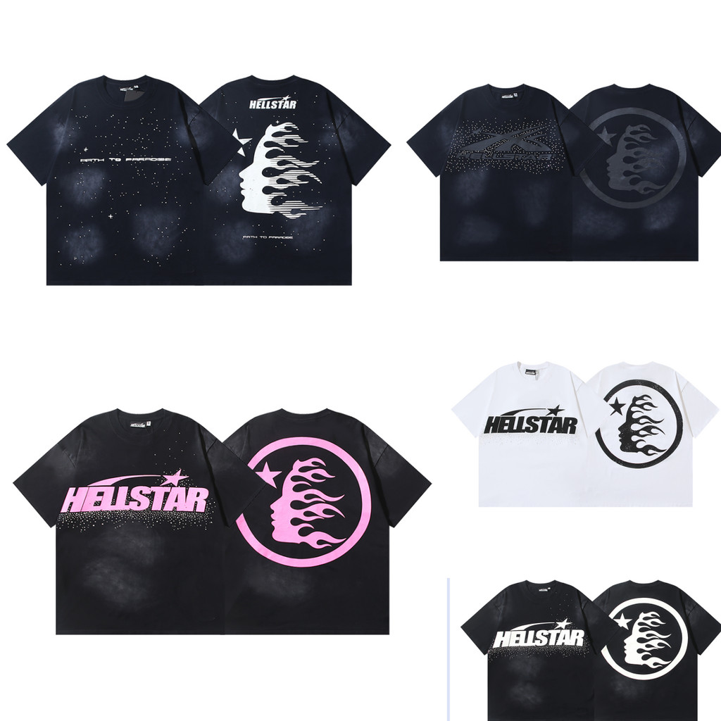 Hellstar American Street Manga Curta Carta Impressão Diamantes Estampando bling unissex Camiseta