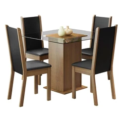 Sala de Jantar Aline Mesa Tampo de Vidro com 4 Cadeiras