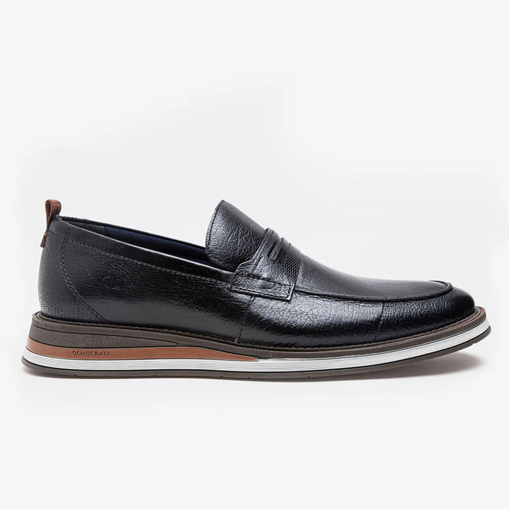 Sapato em Couro Social Preto Mocassim Democrata Type Loafer 272103