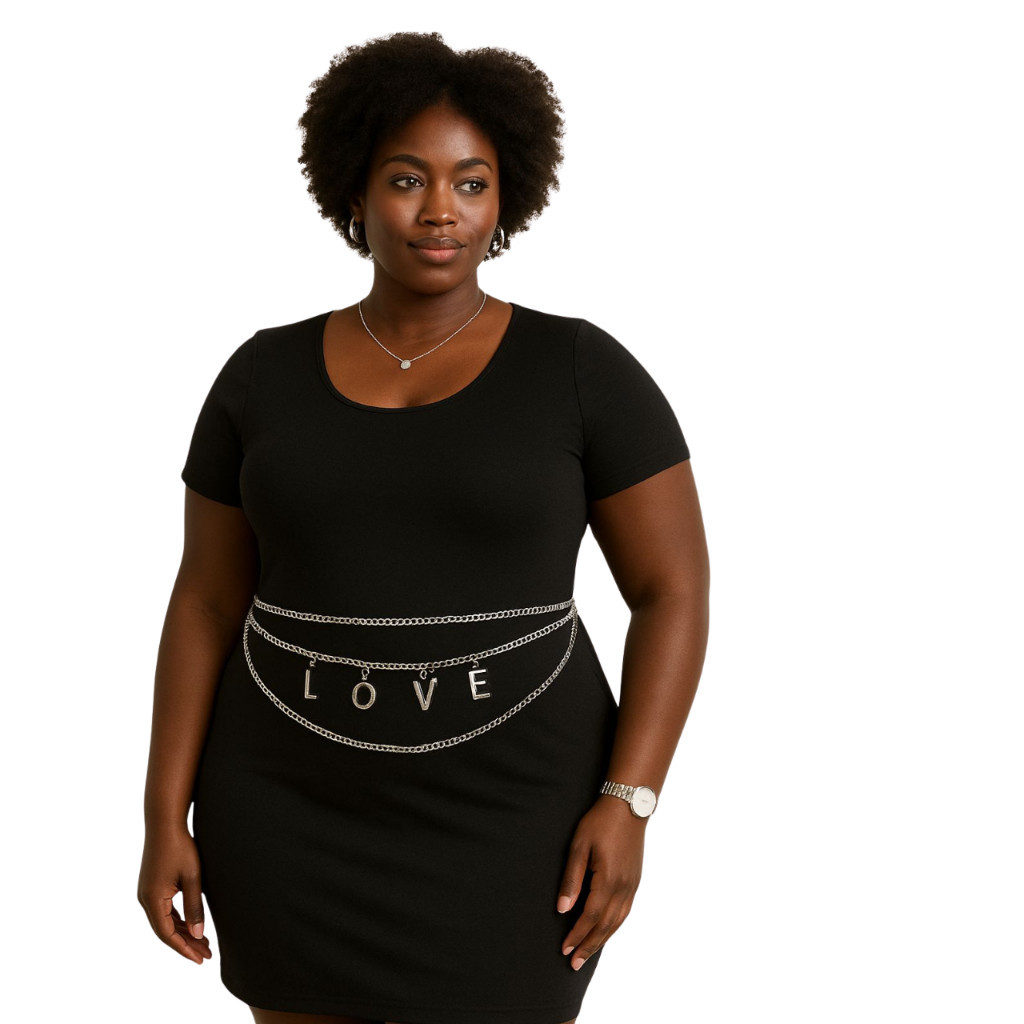 Cinto Corrente Love Feminino Plus Size Prata Joias Corporais Modernas Prateadas Acessórios De Vestido Fashion