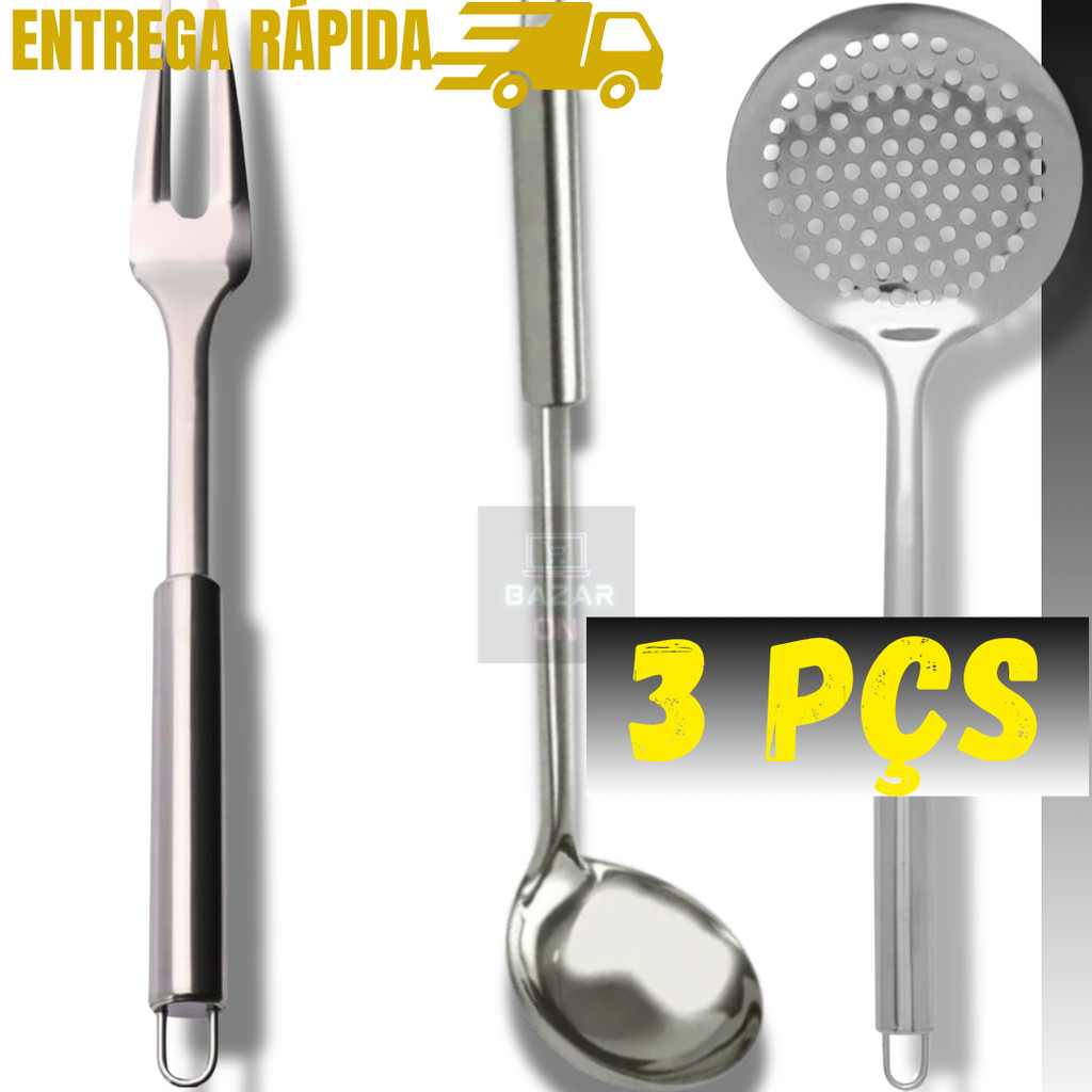 Kit 3 Peças Escumadeira Arroz Concha Feijão Garfo Trinchante Grande Aço Inox Utensílios de Cozinha