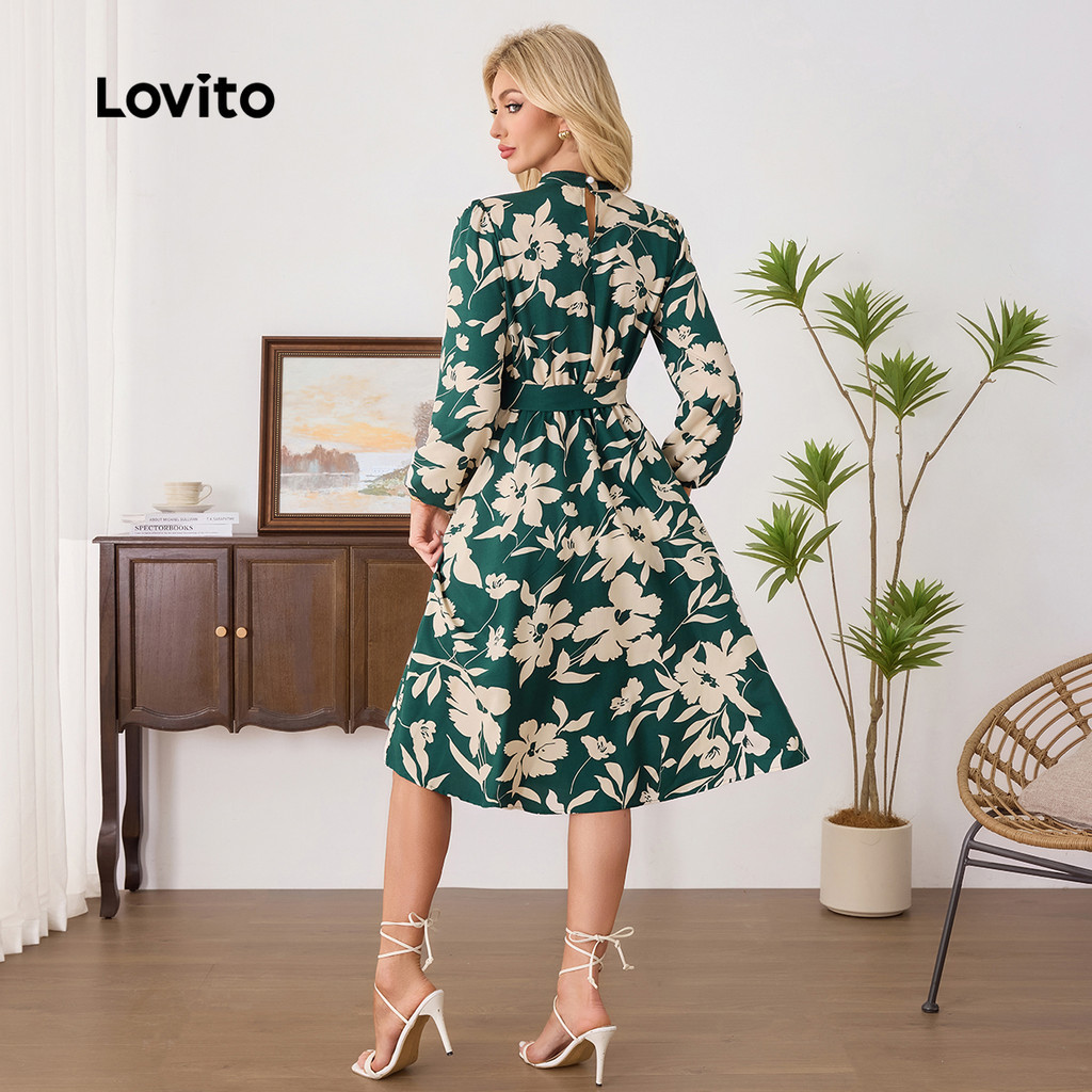 (Trendy) Lovito Vestido Casual Floral com cinto franzido para mulheres LBL24253 - Women Clothes