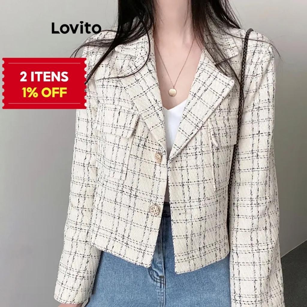 (Trendy) Lovito Casaco Casual Guingão Com Botão Frontal Para Mulheres LNE29212 (Multicolorido/Preto) - Women Clothes