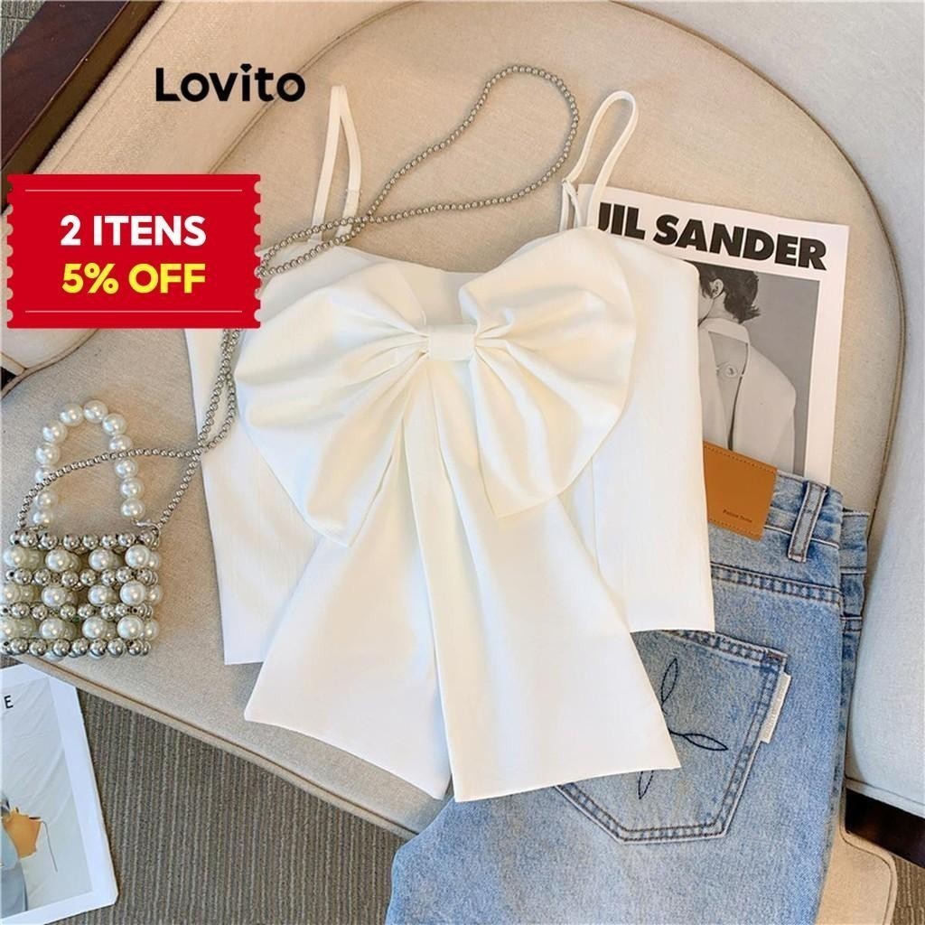 (Trendy) Lovito Regata Casual Com Laço Liso Para Mulheres LNA65225 em Oferta na Shopee