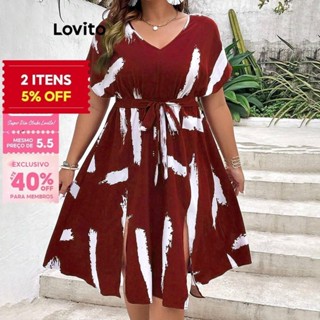 (Trendy) Lovito Vestido Curva Plus Size Casual Listrado Com Cinto Dividido Na Frente Para Mulheres LBL16151 em Oferta na Shopee