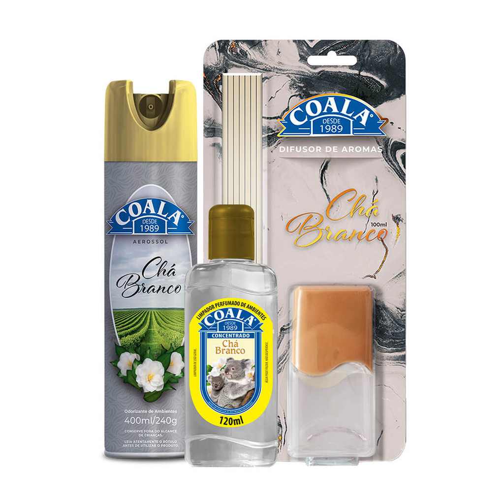 Kit Coala Aerossol + Difusor de Aromas + Limpador Perfumado de Ambientes - Chá Branco