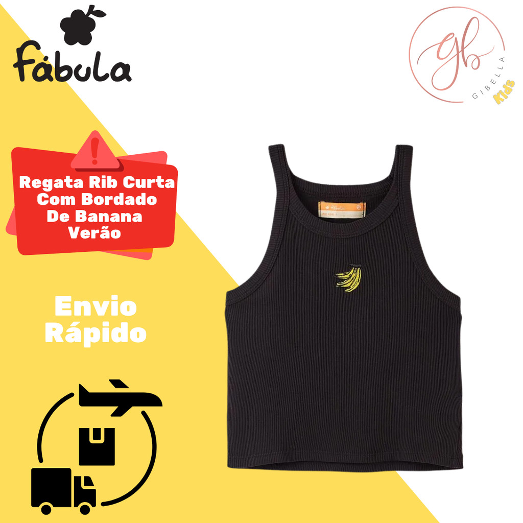 Regata Fábula Rib Curta De Bordado Banana Preto Verão