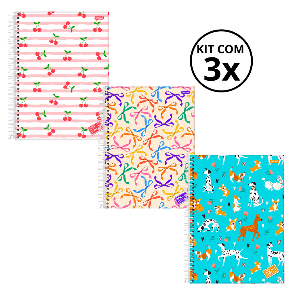 Kit 03 Cadernos Universitário 10 Matérias 160 Folhas Stella - Jandaia CAPA:Cereja/Laço/Cachorro em Oferta na Shopee