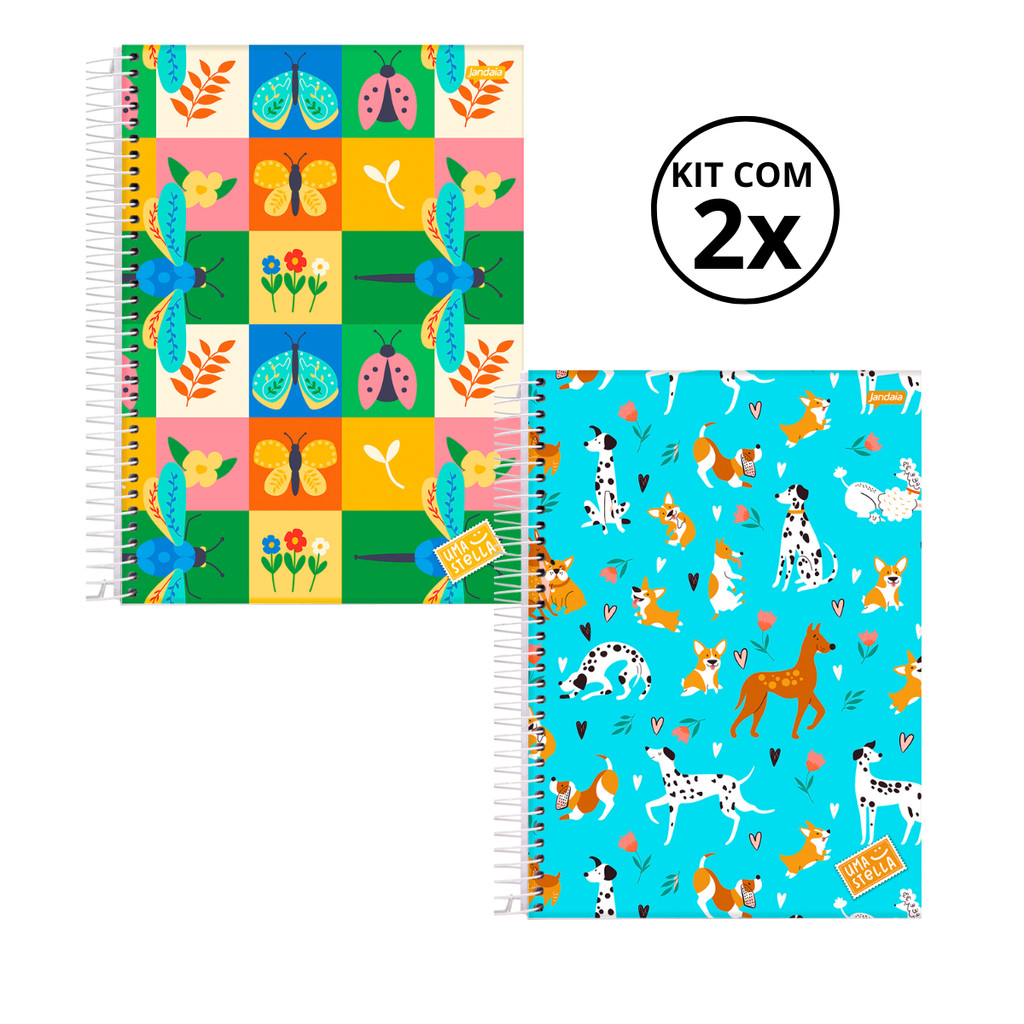 Kit 02 Cadernos Universitário 15 Matérias 240 Folhas Stella - Jandaia CAPA:Jardim/Cachorro