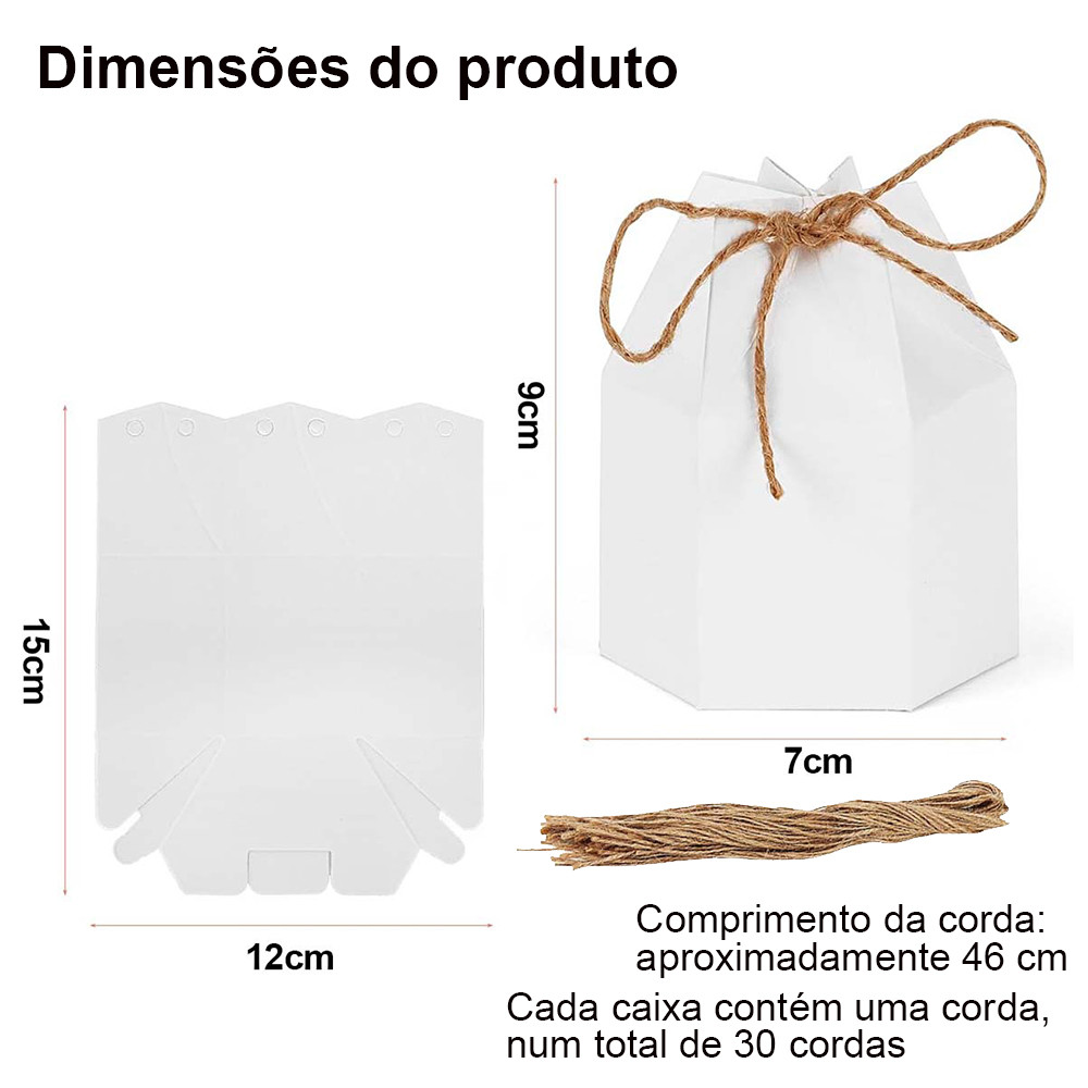 Caixa de presente Hexagonal de papel Kraft de 30 peças, caixa de presente branca, 7 x 9 cm, com corda de cânhamo