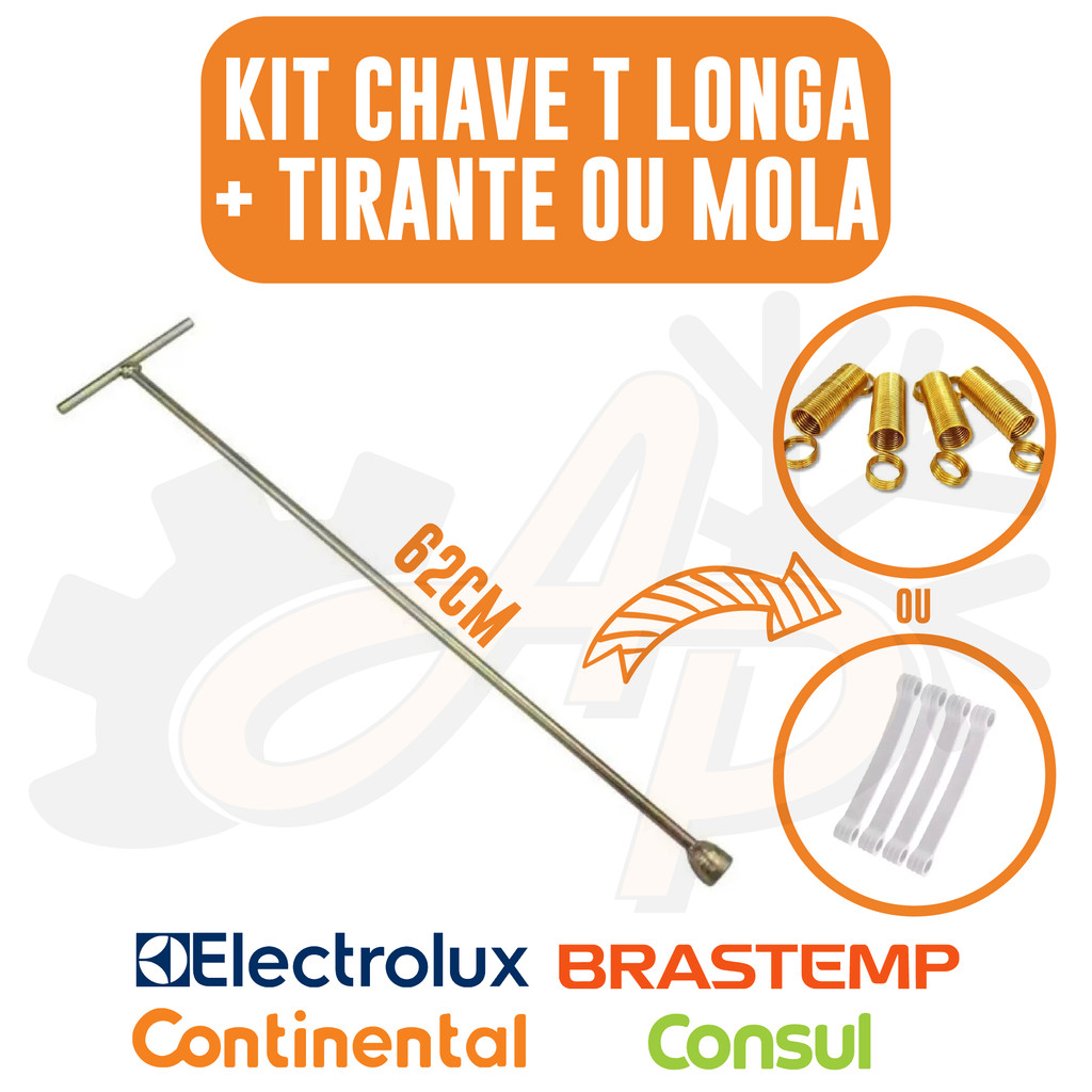 KIT Chave T 10mm Longa Universal 62cm para Agitador + Jogo 4 Molas Electrolux ou 4 tirantes Brastemp
