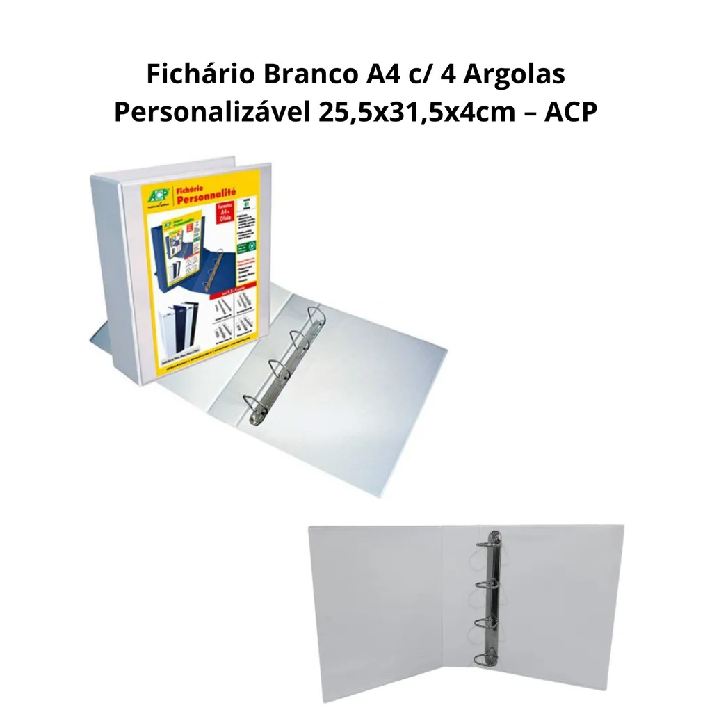 Fichário Branco A4 c/ 4 Argolas Personalizável 25,5x31,5x4cm – ACP