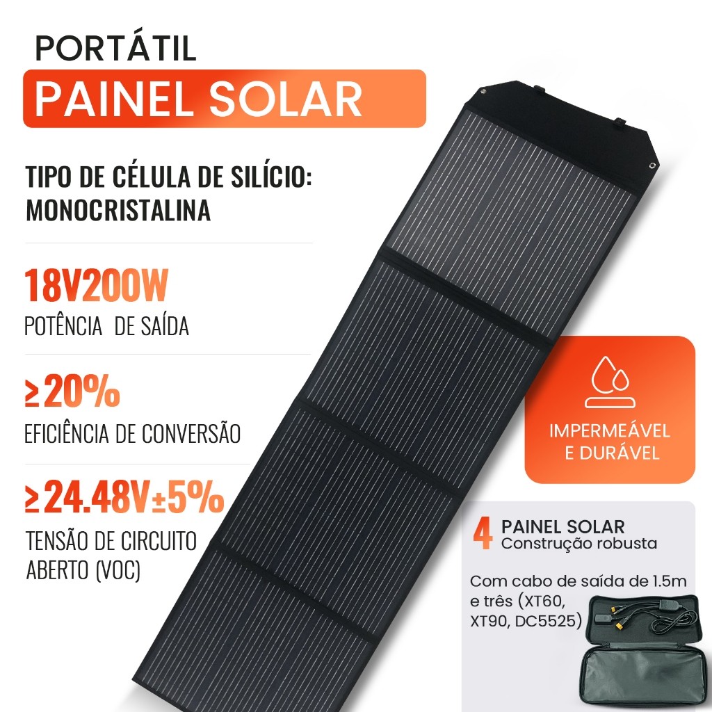 Painel Solar Portátil 200W/100W Monocristalino - À Prova d'Água, Dobrável e Compatível com Estações de Energia