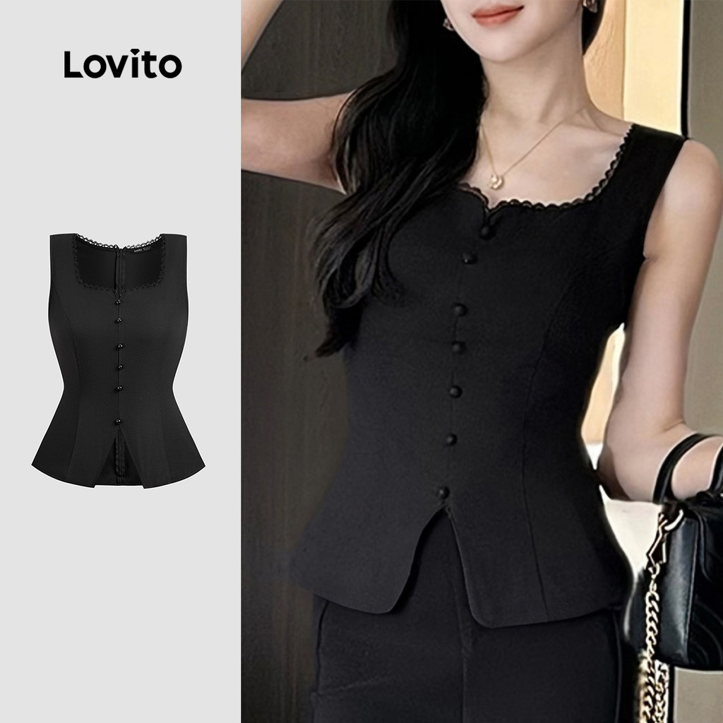 (New) Lovito Blusa Elegante com Gola Bufante Decote Cimalha e Fenda Primavera/verão Preta para mulheres L143ED506 em Oferta na Shopee