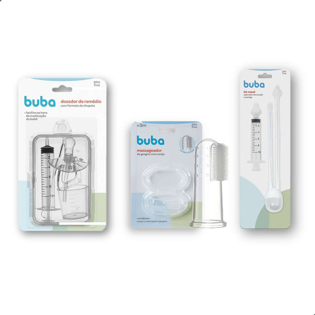 Kit Higiene e Cuidados Buba para Bebê com Dosador Chupeta, Aspirador Nasal e Massageador de Gengiva