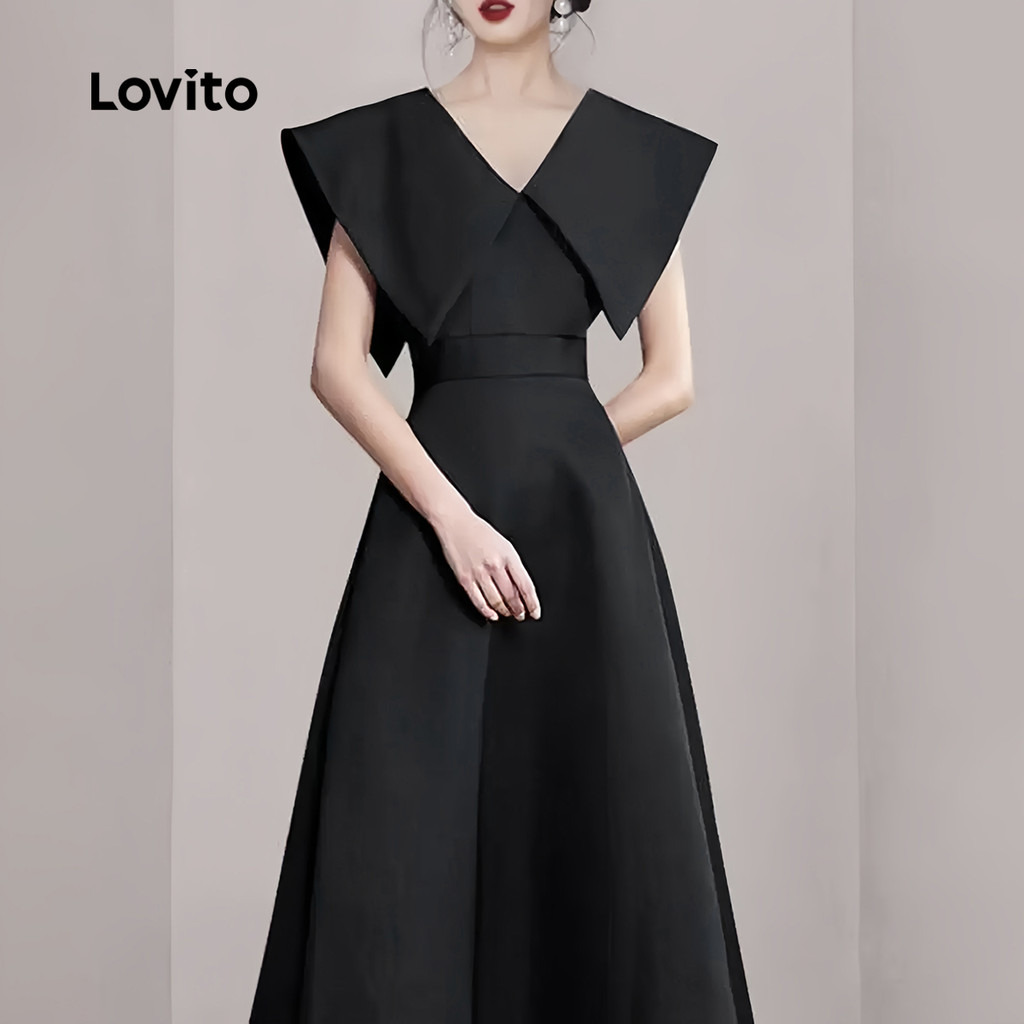 Detalhes do (New) Lovito Vestido Elegante Minimalista Primavera/verão Preto para Mulheres L143ED418