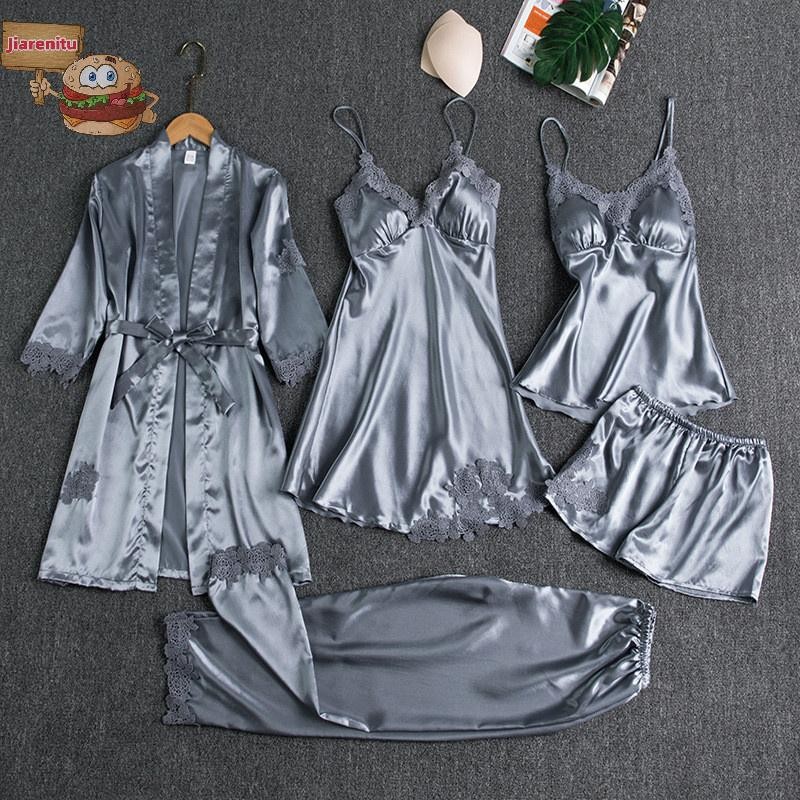 Jiarenitu 5 Peças Robe De Seda Terno De Dormir Feminino Renda Cetim Pijama Vestido Conjunto Com Decote Em V Cami Camisol