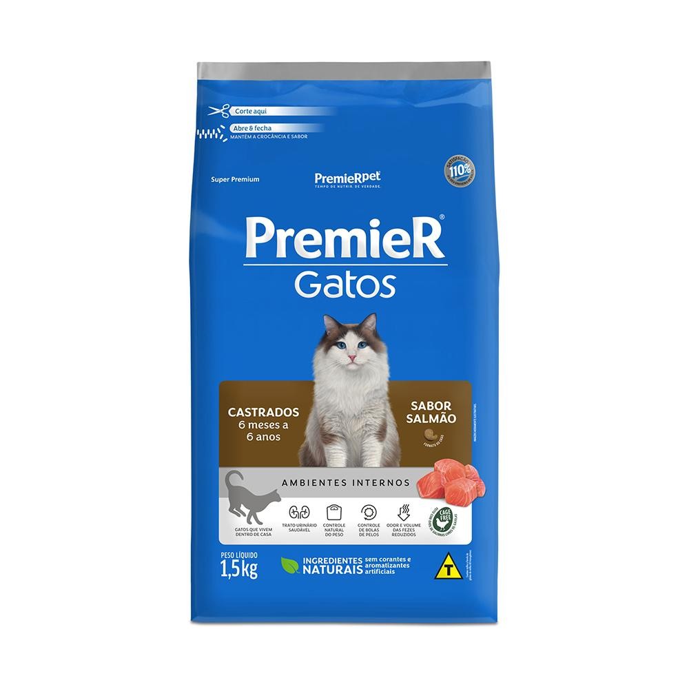 Ração Premier Gato Castrado Ambientes Internos Salmão 1.5Kg