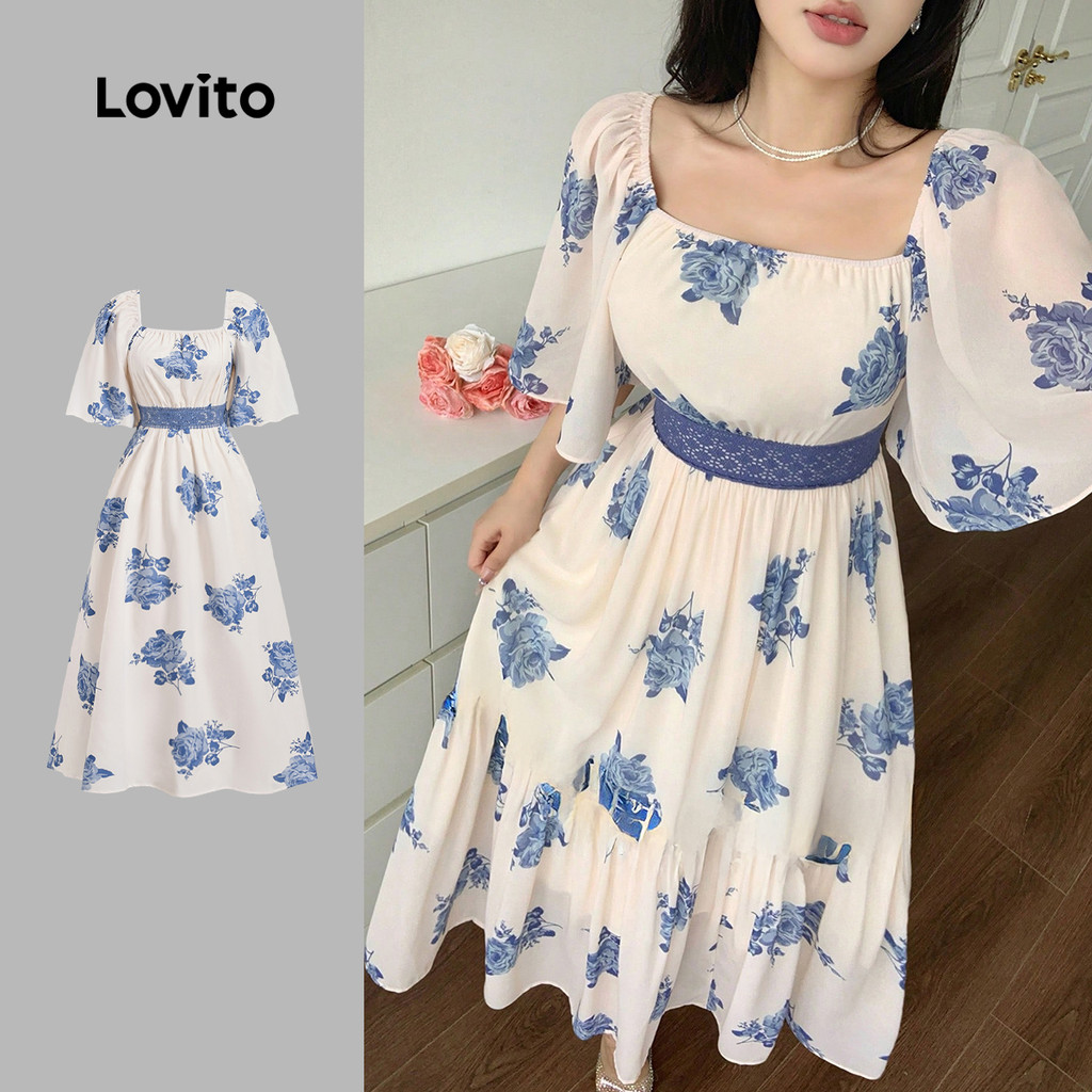 (New) Lovito Vestido Boho de Renda com Bloco de Cores Primavera/verão  Vestido Azul e Branco para mulheres LBL27028 em Oferta na Shopee