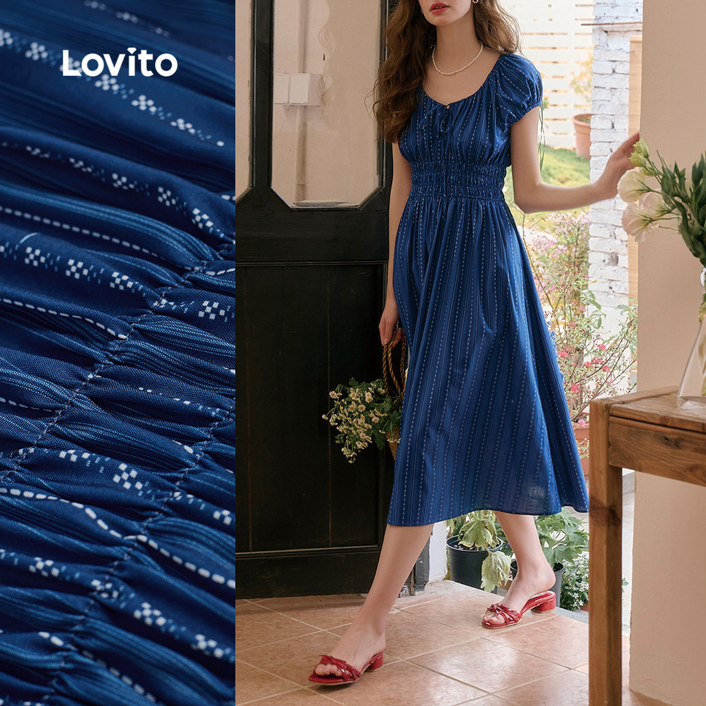 (New) Lovito Vestido Casual com Babados Na Bainha  Detalhes de Linhas  Amarração Na Frente  primavera/verão L143ED651