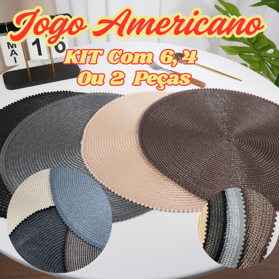 Jogo Americano Redondo Descanso De Mesa De Jantar Kit Com 6 4 Ou 2 Peças Flexível 38x38Cm PP Rústico
