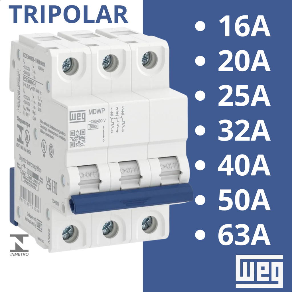 Disjuntor Tripolar 10A 16A 20A  25A 32A  40A  50A e 63A Din Curva C Residencial WEG
