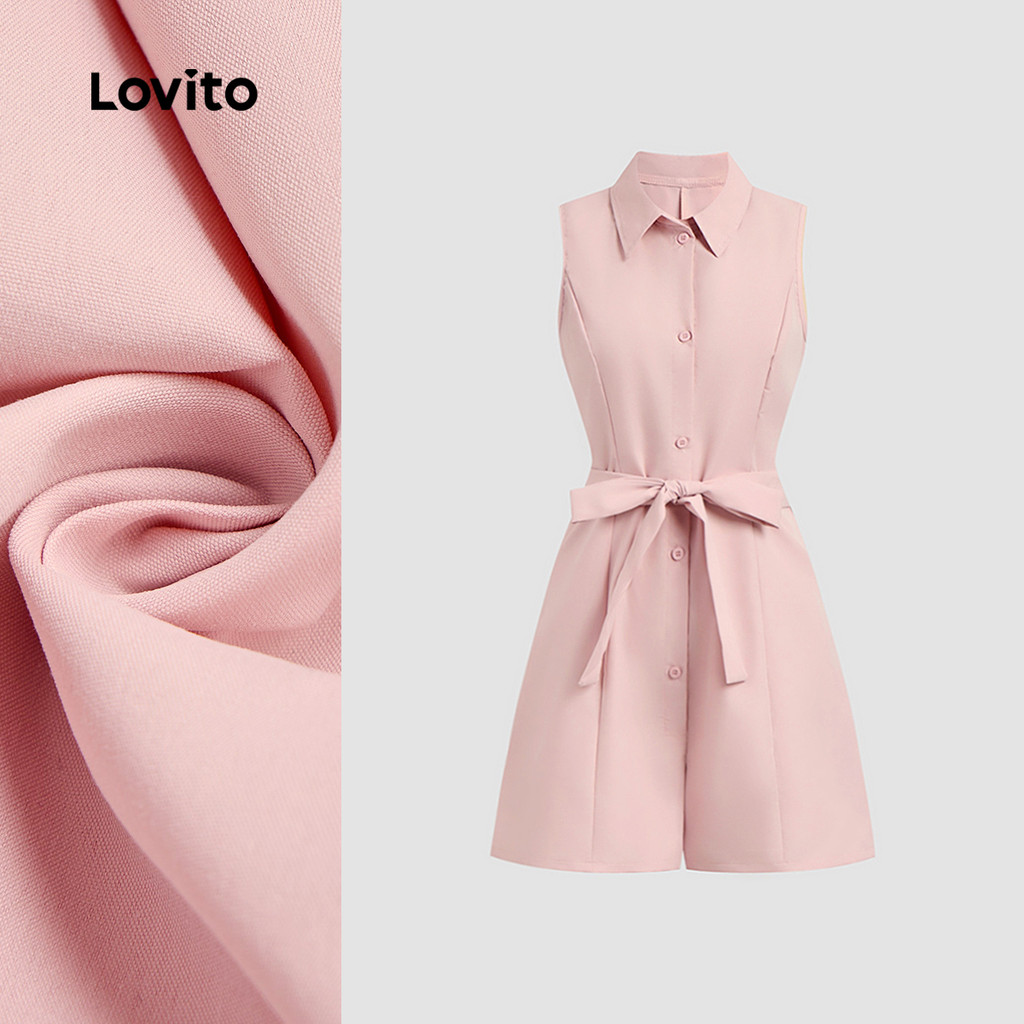 (New) Lovito Macacão Casual com Cinto com Botões Na Primavera/verão Rosa para mulheres L150ED361 em Oferta na Shopee