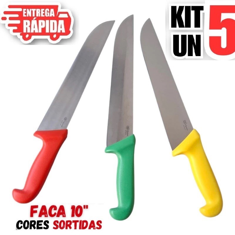 5 Unidades Faca 10" Cabo diversa cores Aço Inox Açougueiro Profissional Churrasqueiro Cozinha