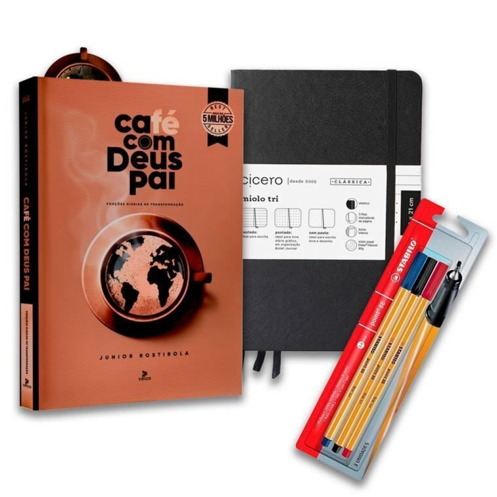 COMBO CAFÉ COM DEUS PAI 2025+CADERNETA CICEROS CLASSICA +STABILO POINT BL C/3 UM