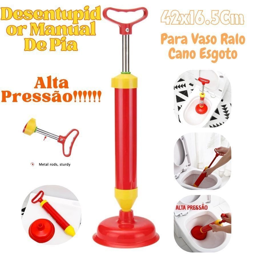 Desentupidor Manual De Pia Ralo Vaso Cano Esgoto Tipo Bomba Sucção Alta Pressão 42x16.5Cm