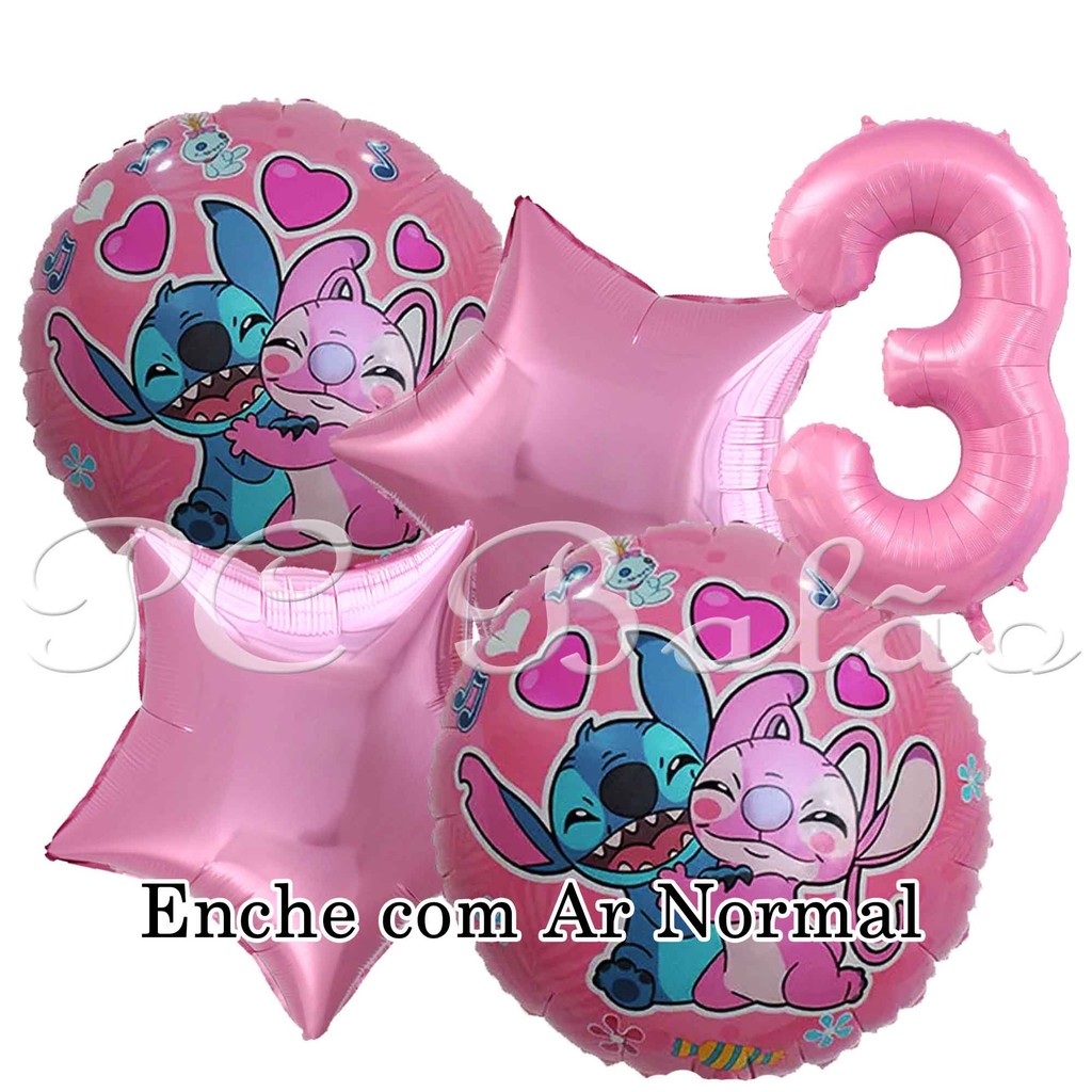 Kit 5 Balão Metalizado 2 LILO STICH ANGEL REDONDO + N° 40cm ROSA CLARO + 2 Estrela 22cm ROSA CLARO