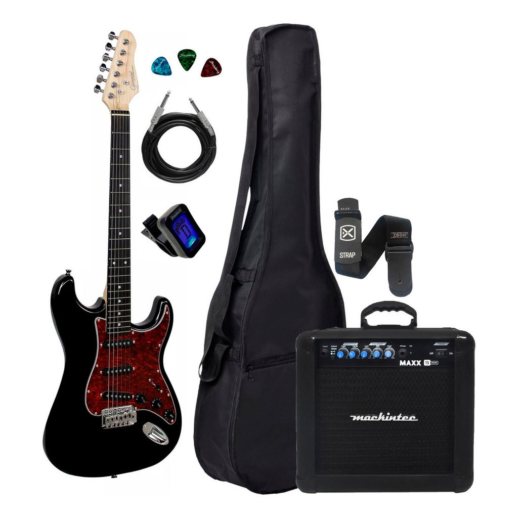 Kit Guitarra Giannini G-100 Bk/tt Preto Capa Cubo Acessórios