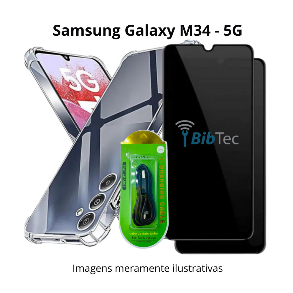 Kit Película Privacidade 3D de Vidro + Capinha + Cabo Carregador Tipo C P/ Samsung  Galaxy M34